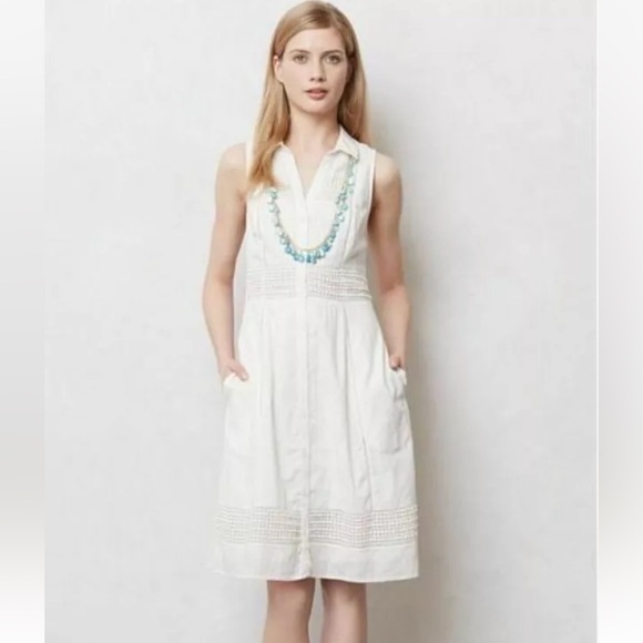 Anthropologie Women Ivory Dress Button Down  Size 4 Crochet Details - Picture 1 of 16